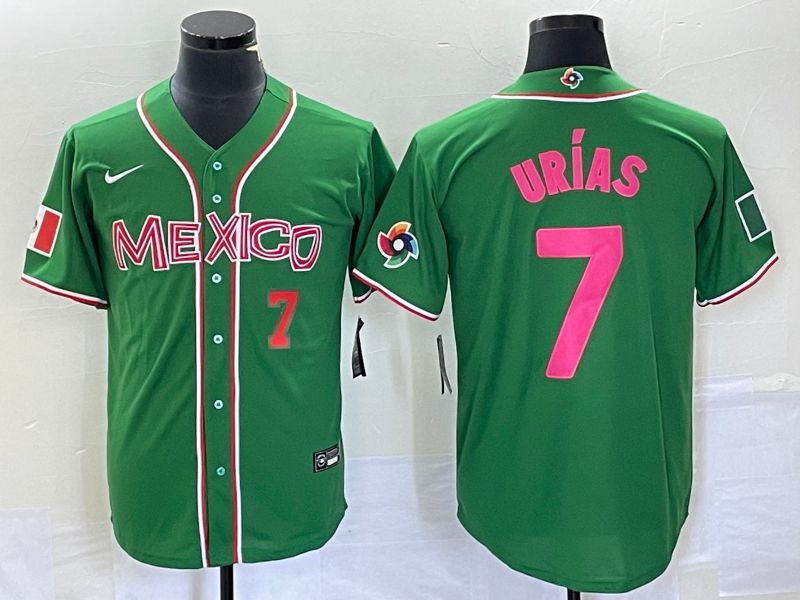 Men 2023 World Cub Mexico 7 Urias Green pink Nike MLB Jersey1